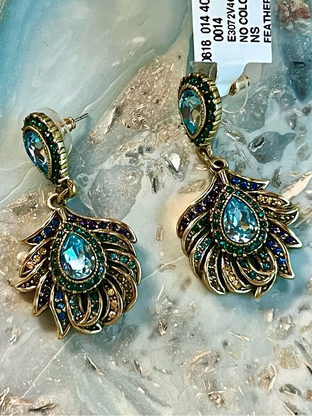 NWT Heidi Daus Pretty As A Peacock Crystal Feather Earrings - Picture 9 of 16